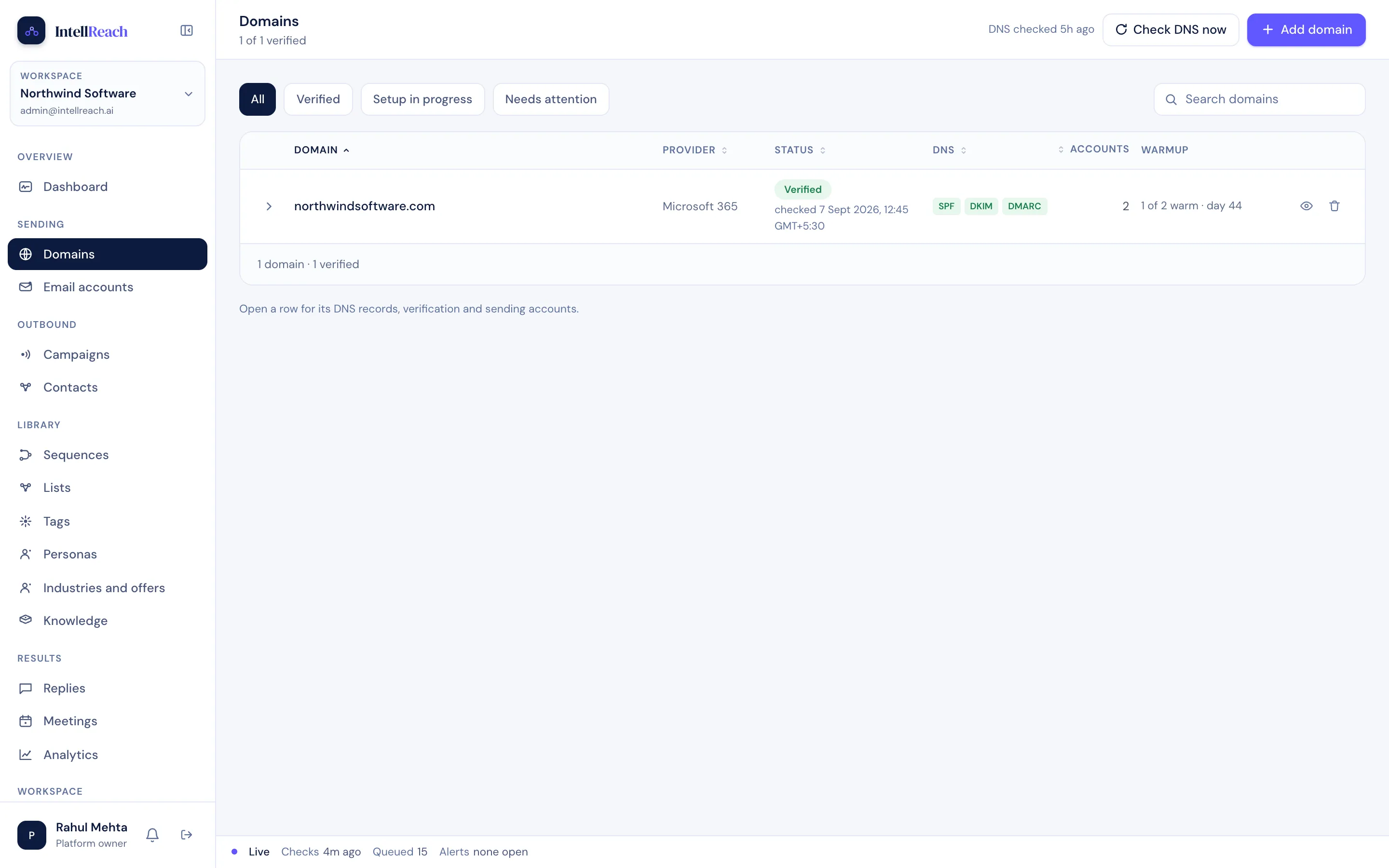 Workspace screen for Day 2: verified · spf dkim dmarc