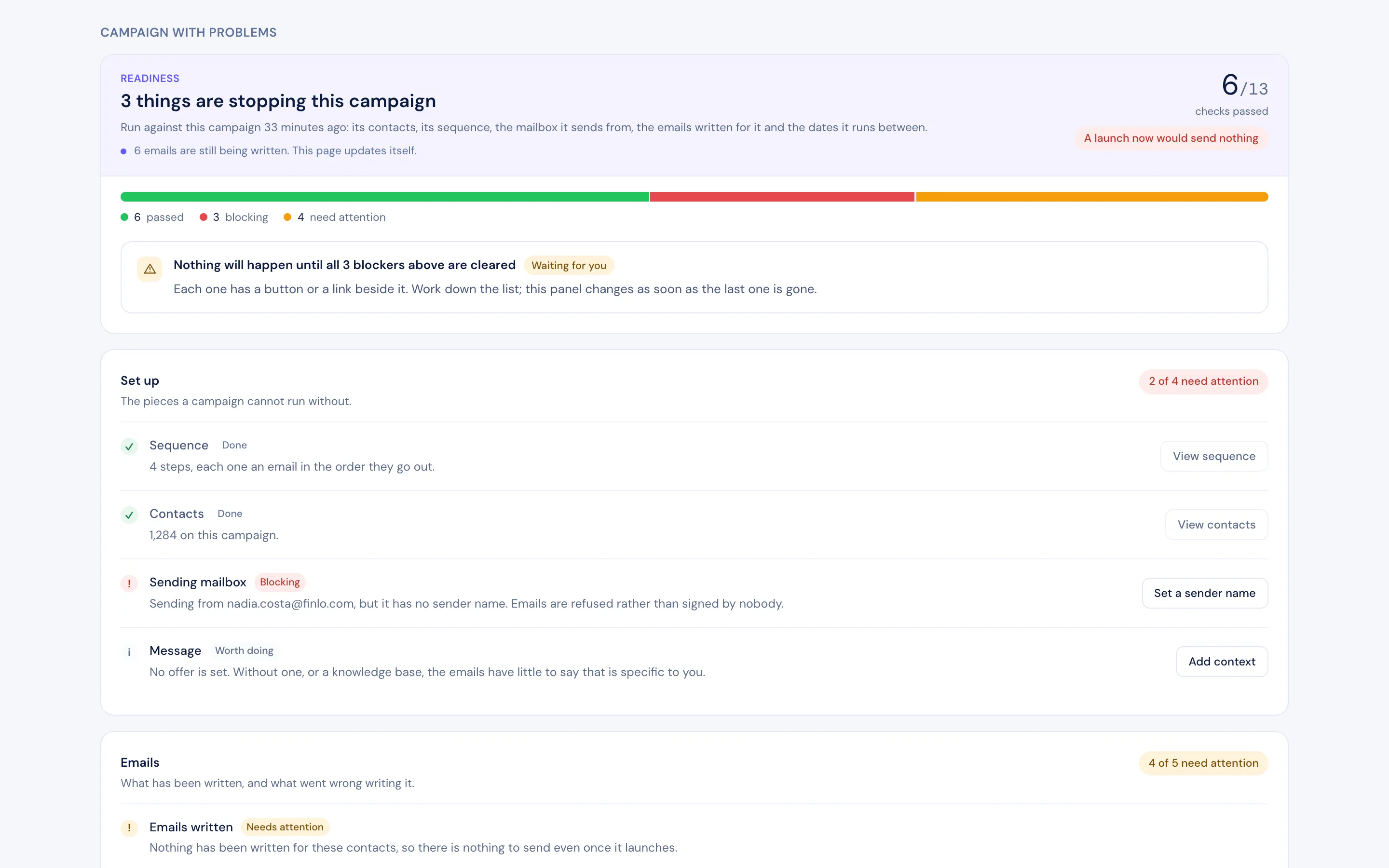 The readiness check: what is stopping a campaign, and the button that fixes each one