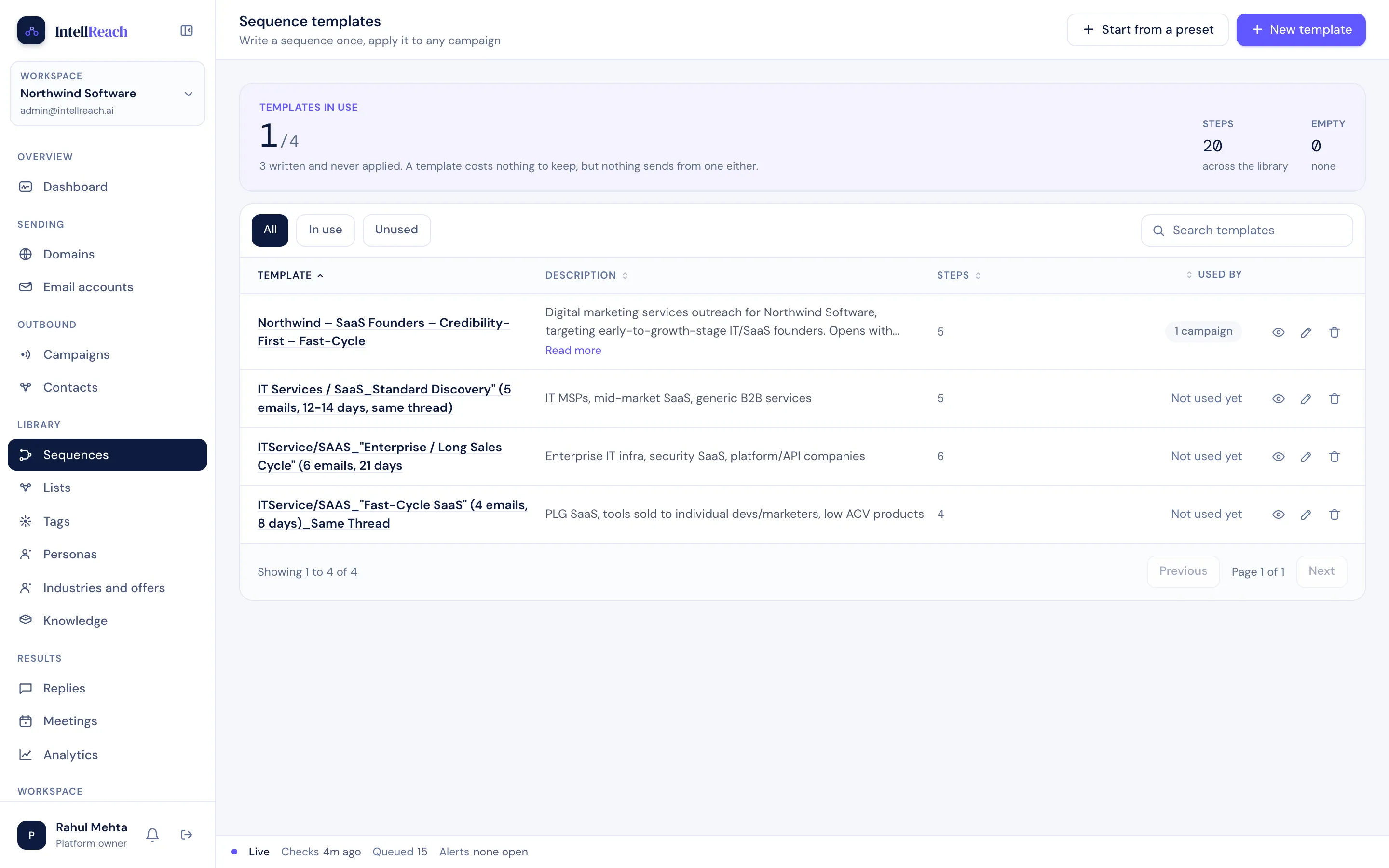 Screenshot of the linkedin outreach area of the IntellReach workspace